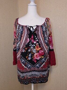 BILA Boho Floral Tunic Top Bell Sleeves Flowy Allover Print Women’s Pullover